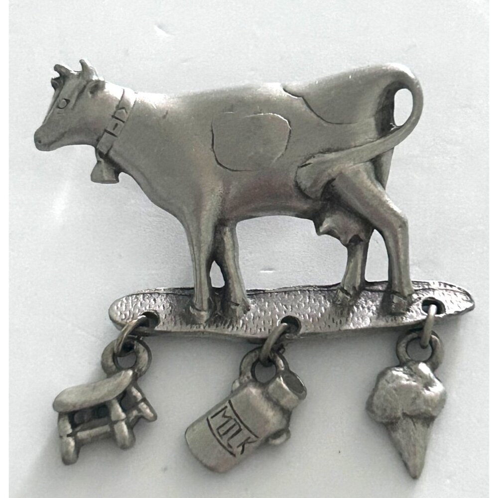 Vintage Pewter Cow Dairy Dangle Brooch Pin LCD Lindsey Claire Design 90's